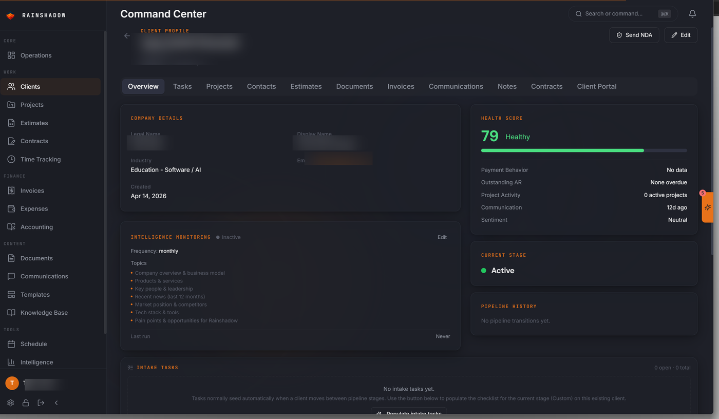 Rainshadow Command Center client profile with CRM health score, pipeline, documents, contracts, and an AI knowledge-base copilot